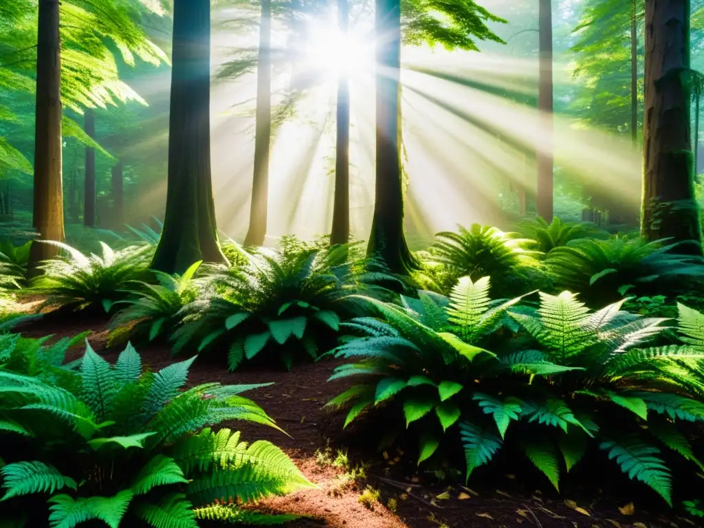 Un bosque exuberante y vibrante, con luz solar filtrándose entre el dosel, creando patrones de sombras en el suelo