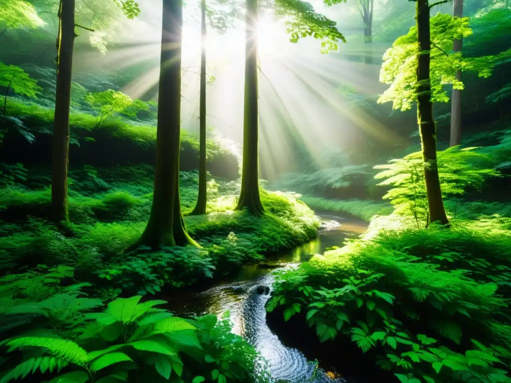 Un bosque exuberante y vibrante, con luz solar filtrándose entre el dosel y creando sombras en el suelo