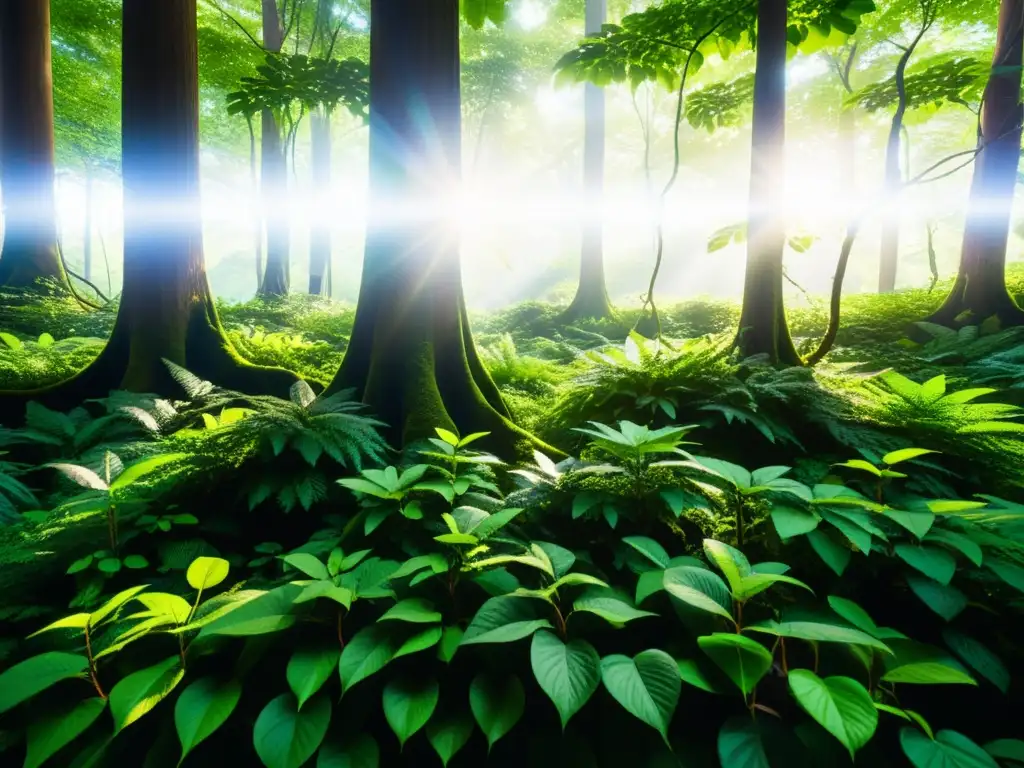 Un bosque exuberante y vibrante, con luz solar filtrándose a través del denso dosel