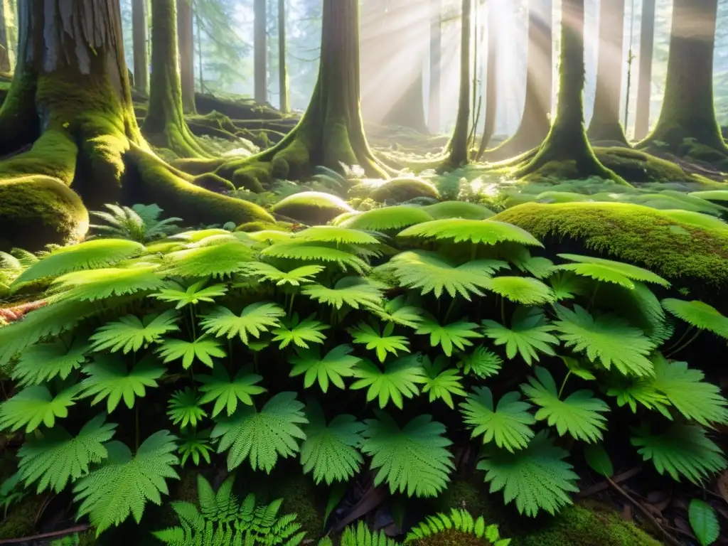 Un bosque intocado, con musgos verdes, helechos delicados y hongos intrincados bajo la luz filtrada del dosel
