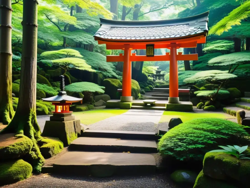 Un bosque japonés sereno con un pequeño santuario Shinto entre árboles antiguos