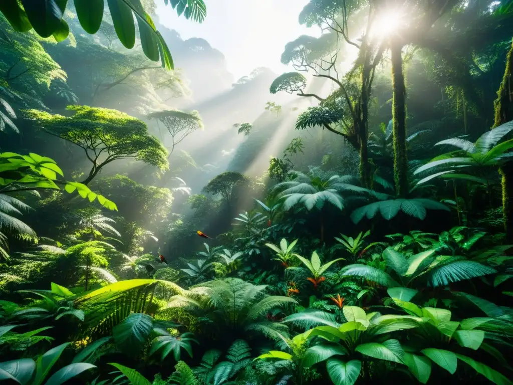 Un bosque lluvioso exuberante y vibrante en 8k, con diversa flora y fauna, luz filtrándose y una atmósfera etérea