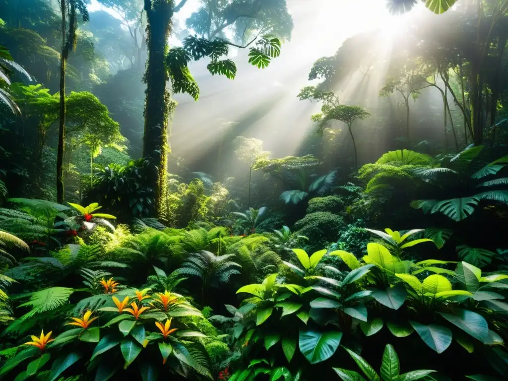 Un bosque lluvioso exuberante y vibrante con una diversa y densa cubierta arbórea
