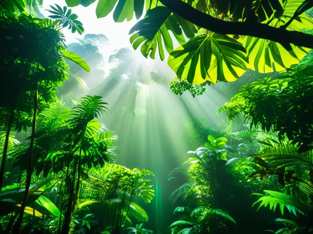 Un bosque lluvioso exuberante y vibrante con luz solar filtrándose entre el follaje