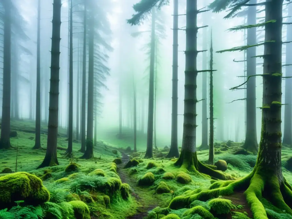 Un bosque misterioso en la Selva Negra, con árboles cubiertos de niebla y un arroyo