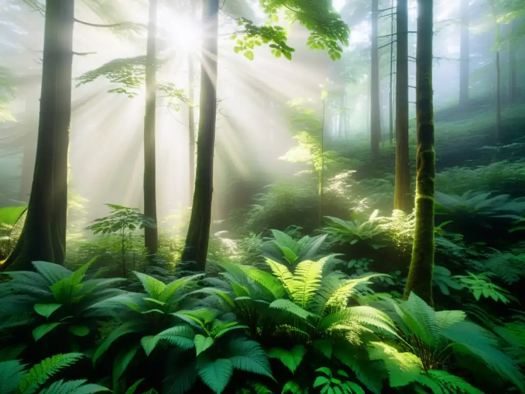 Un bosque montañoso exuberante y místico con luz solar filtrándose a través del dosel, creando un juego de luces y sombras
