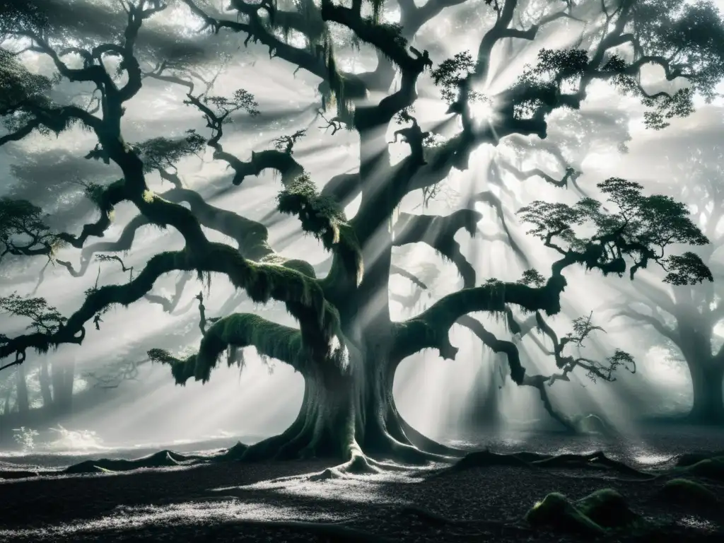 Robusto roble envuelto en niebla: luz matutina y sombras dramáticas Bosque neblinoso con un roble antiguo, la luz matutina crea sombras dramáticas