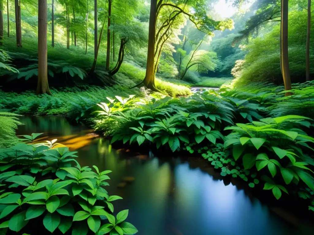 Un bosque sereno bañado por la luz del sol, destacando la exuberante vegetación y creando una atmósfera tranquila