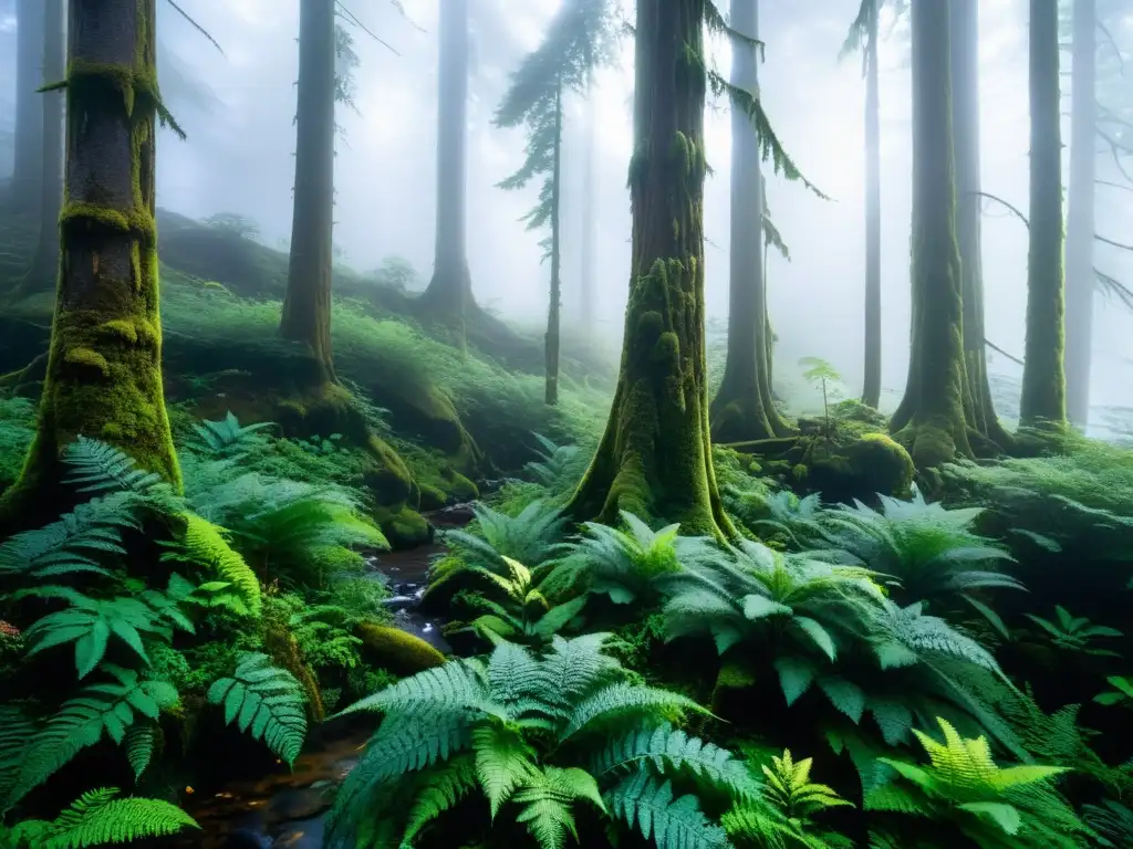 Un bosque sereno cubierto de niebla con árboles altos y antiguos, bañados por la luz dorada