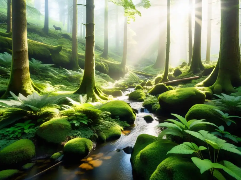 Un bosque sereno y exuberante iluminado por la luz del sol, donde la vida vegetal y animal se entrelaza en armonía