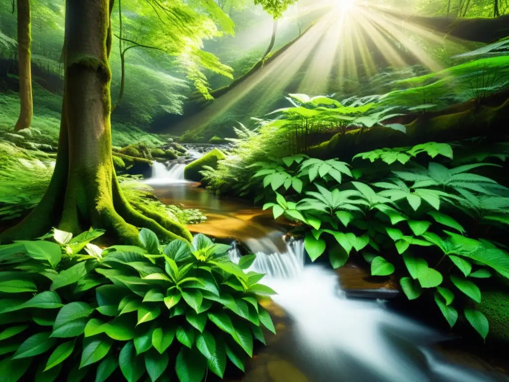 Un bosque sereno y exuberante con luz solar filtrándose a través del dosel, iluminando un arroyo tranquilo que fluye suavemente entre los árboles