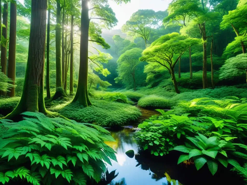 Un bosque sereno y exuberante con luz solar filtrándose a través del dosel, iluminando una diversa variedad de plantas en tonos verdes