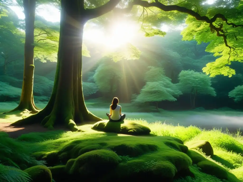 Un bosque sereno iluminado por el sol donde una figura medita rodeada de árboles antiguos
