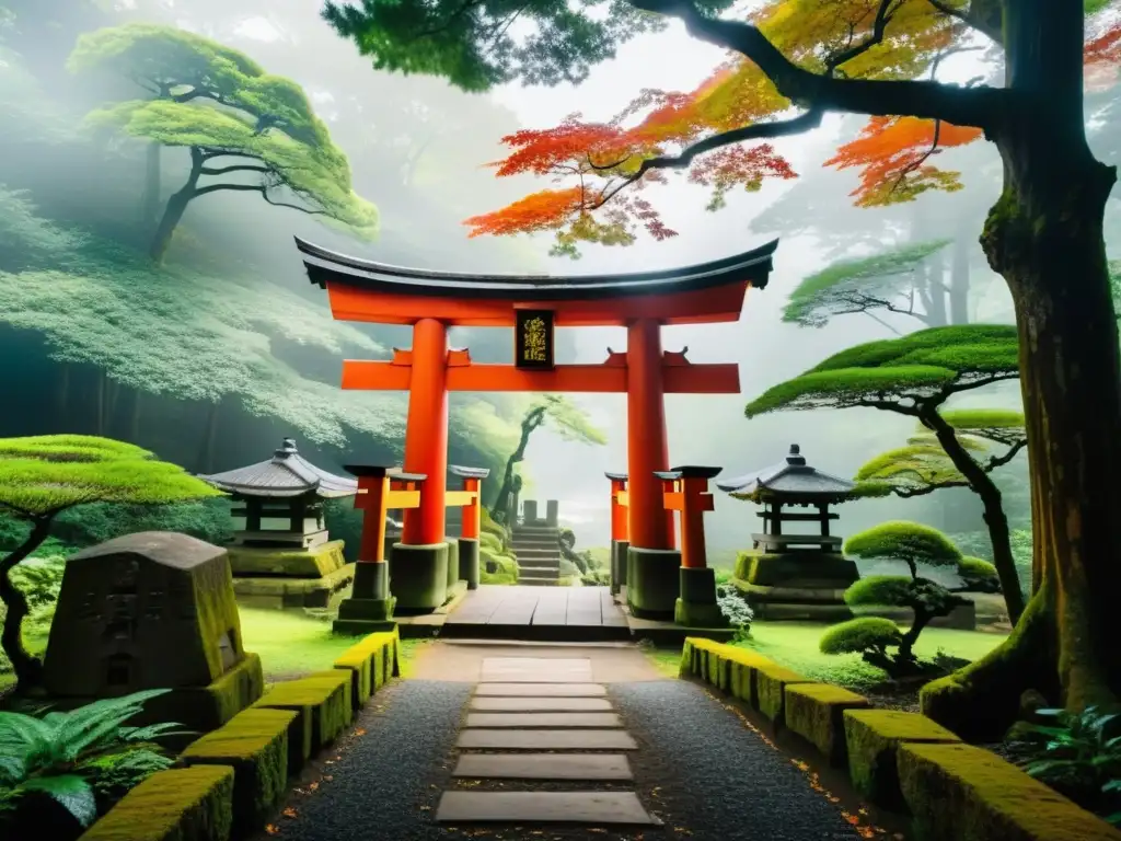 Un bosque sereno y neblinoso con antiguos santuarios cubiertos de musgo del Shinto entre la exuberante vegetación