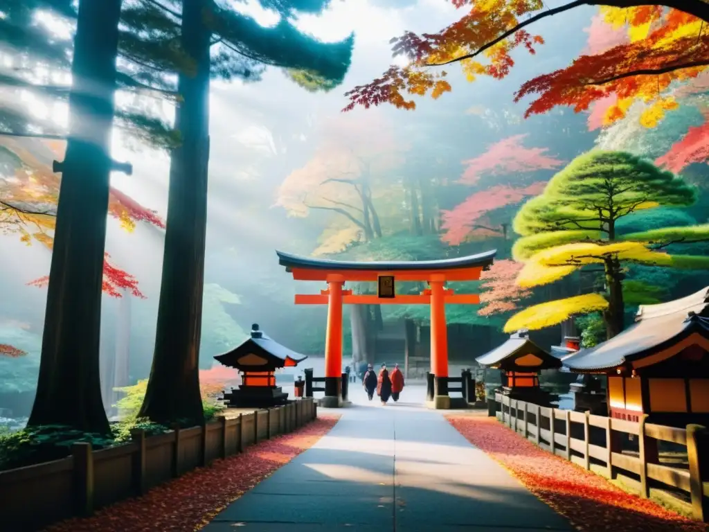 Un bosque sereno y neblinoso con un torii marcando la entrada a un santuario Shinto y una imponente pagoda de un templo budista