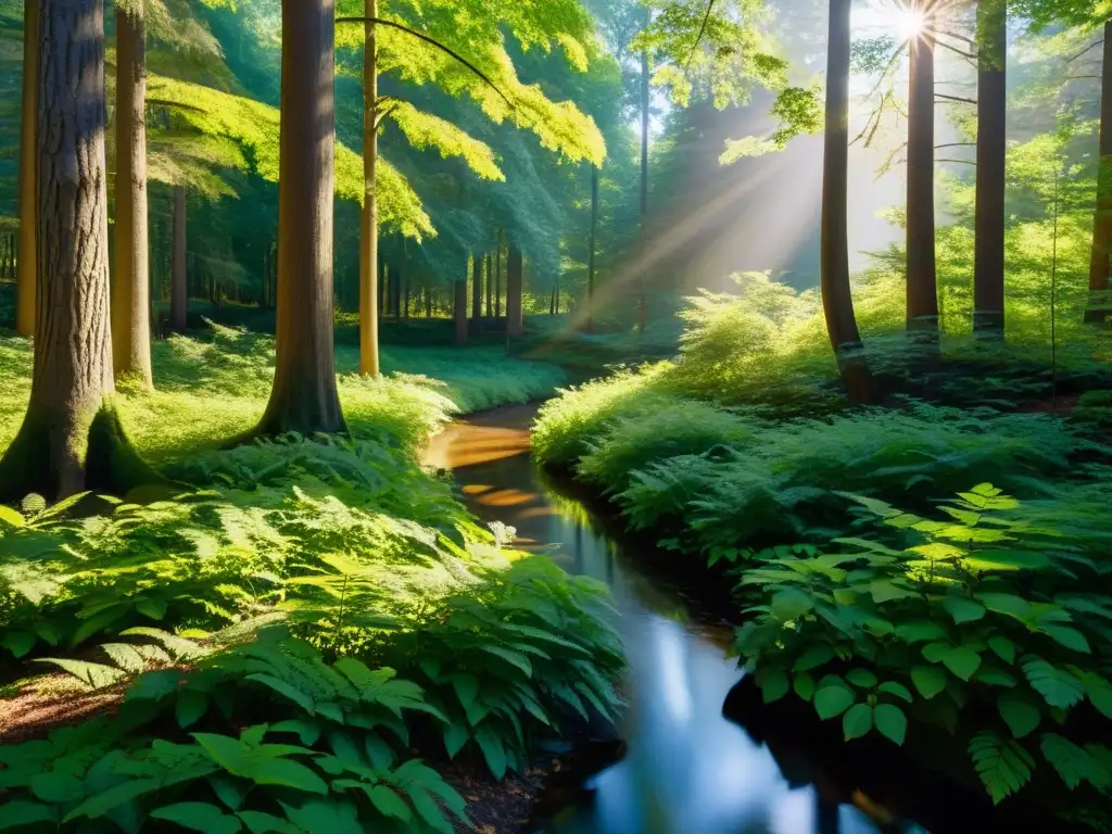 Un bosque sereno y soleado, con árboles antiguos proyectando largas sombras en el suelo