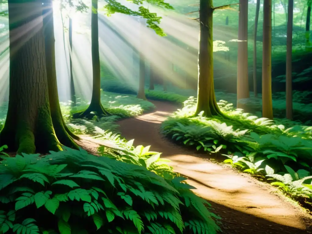 Un bosque sereno y verde con luz solar filtrándose a través del dosel, creando patrones de luz y sombra