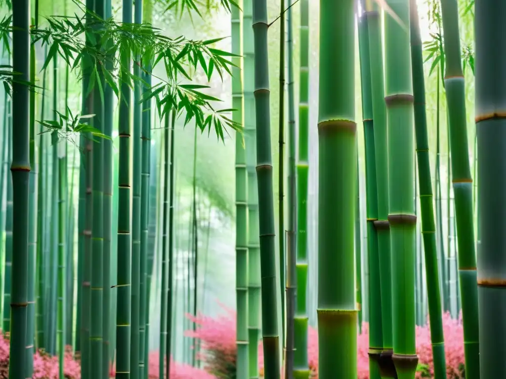 Un bosque tranquilo de bambú en Japón, iluminado por el sol con un ambiente sereno y armonioso, donde florecen delicadas flores de cerezo