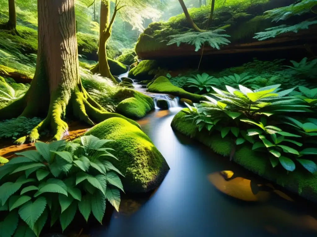 Un bosque tranquilo, con luz filtrándose entre la densa vegetación y un arroyo