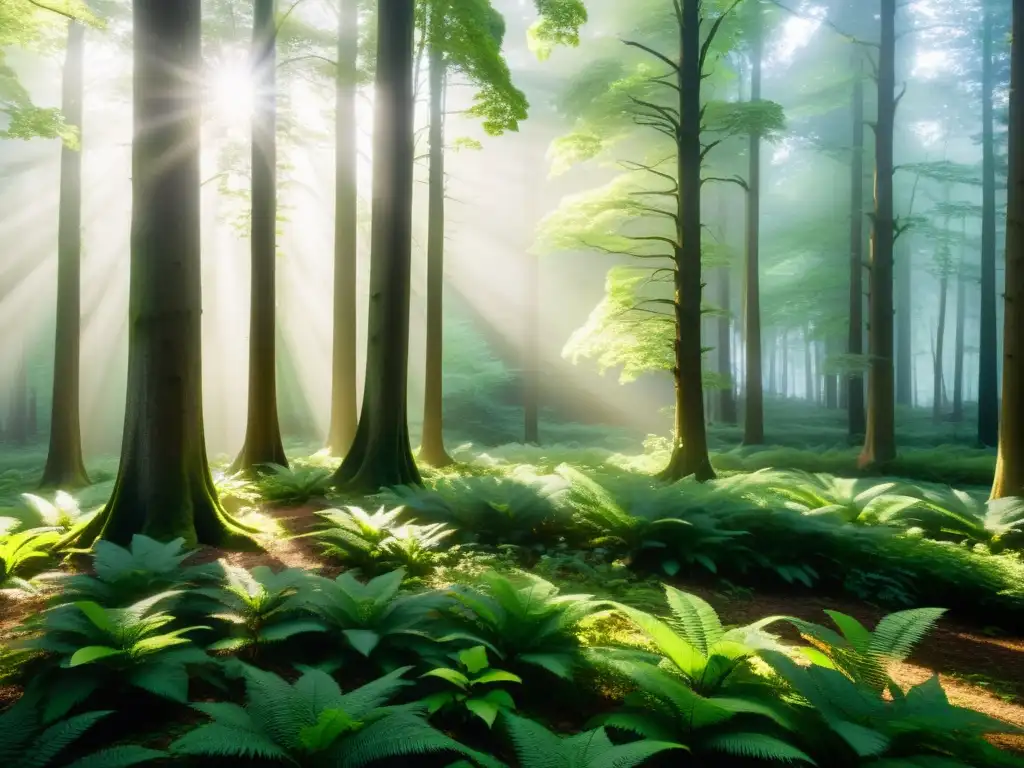 Un bosque tranquilo y soleado con árboles imponentes que proyectan largas sombras sobre la exuberante vegetación