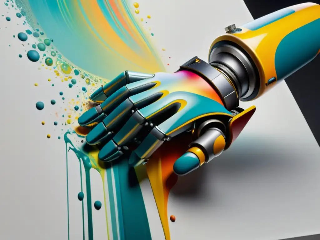 Un brazo robótico aplica con precisión pinceladas a un lienzo, fusionando tecnología avanzada y expresión artística