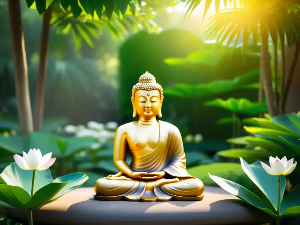 Un Buda dorado y sereno entre un jardín exuberante, rodeado de flores de loto y palmeras