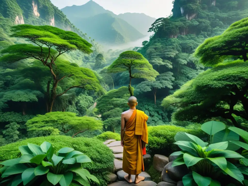 Budista meditando en un bosque exuberante, reflejando la conexión del Budismo y ecología en crisis