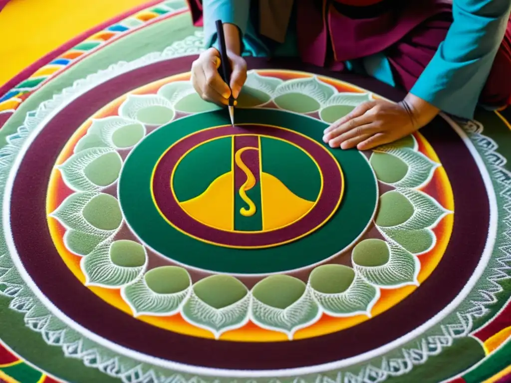 Budistas crean un mandala de arena, simbolizando la no violencia en el budismo con colores vibrantes y patrones intrincados