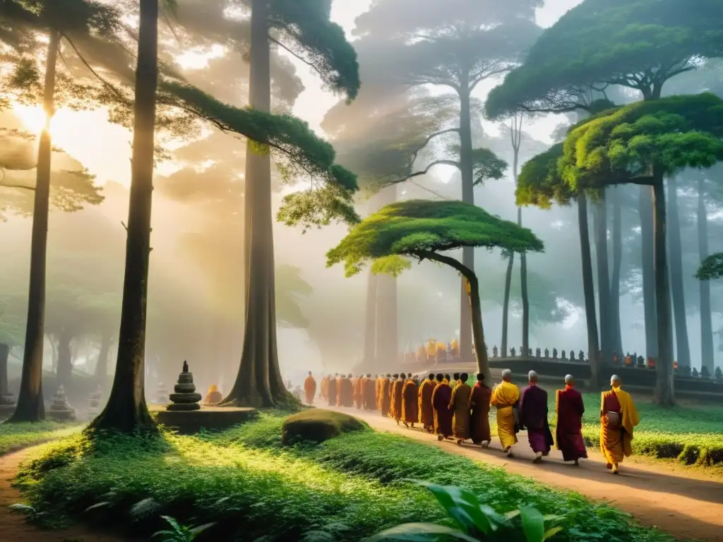 Budistas en peregrinación, caminan hacia templo en bosque neblinoso al amanecer