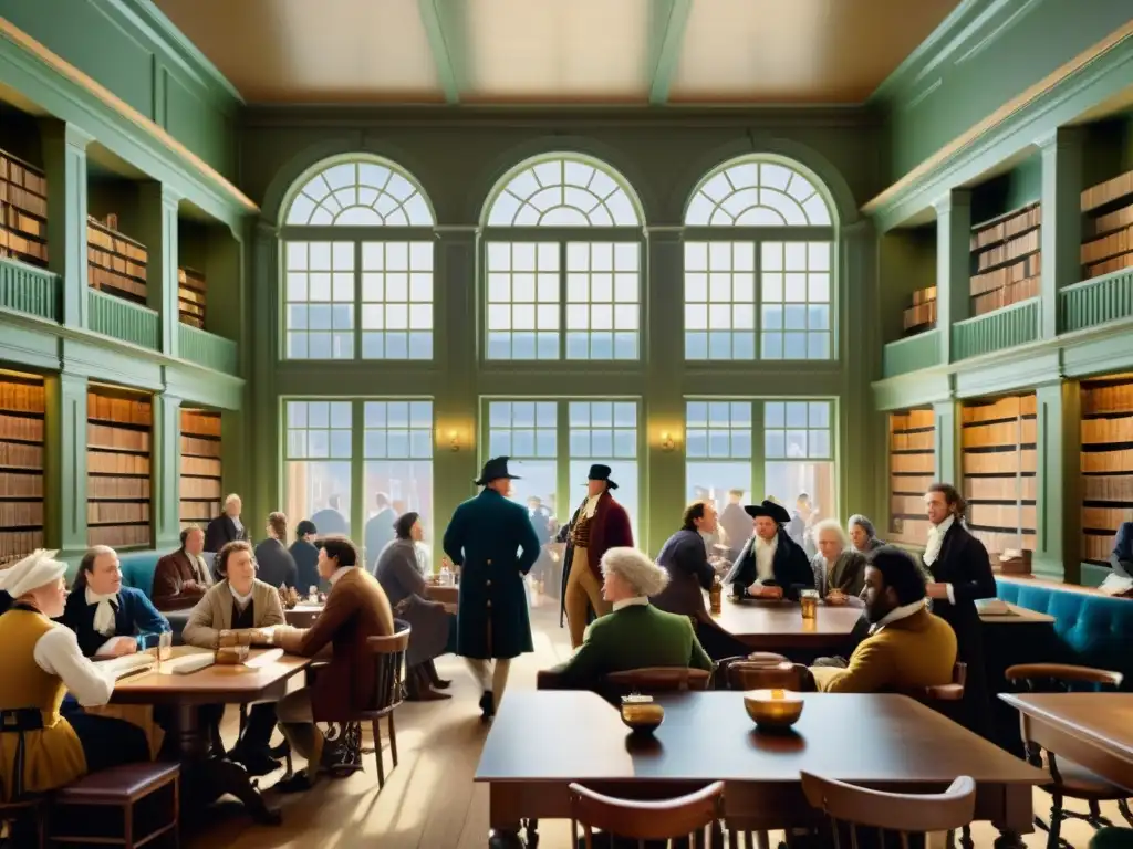 Ilustración de una bulliciosa cafetería del siglo XVIII, con intelectuales debatiendo y discutiendo, estantes llenos de libros y luz natural