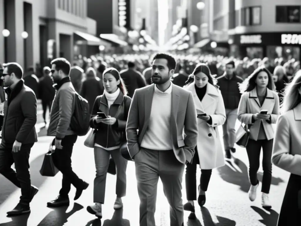Una bulliciosa calle de la ciudad en blanco y negro, con personas caminando entre la luz de sus smartphones