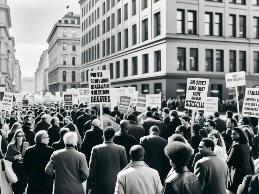 Una bulliciosa calle de ciudad en blanco y negro, con personas debatiendo y sosteniendo pancartas en un debate contemporáneo Socialismo vs Capitalismo