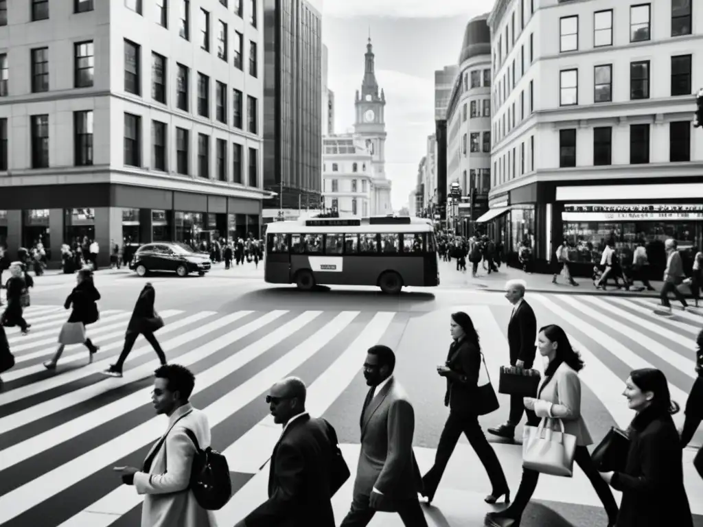 Una bulliciosa calle de ciudad en blanco y negro, reflejando la diversidad y el ritmo de la vida urbana