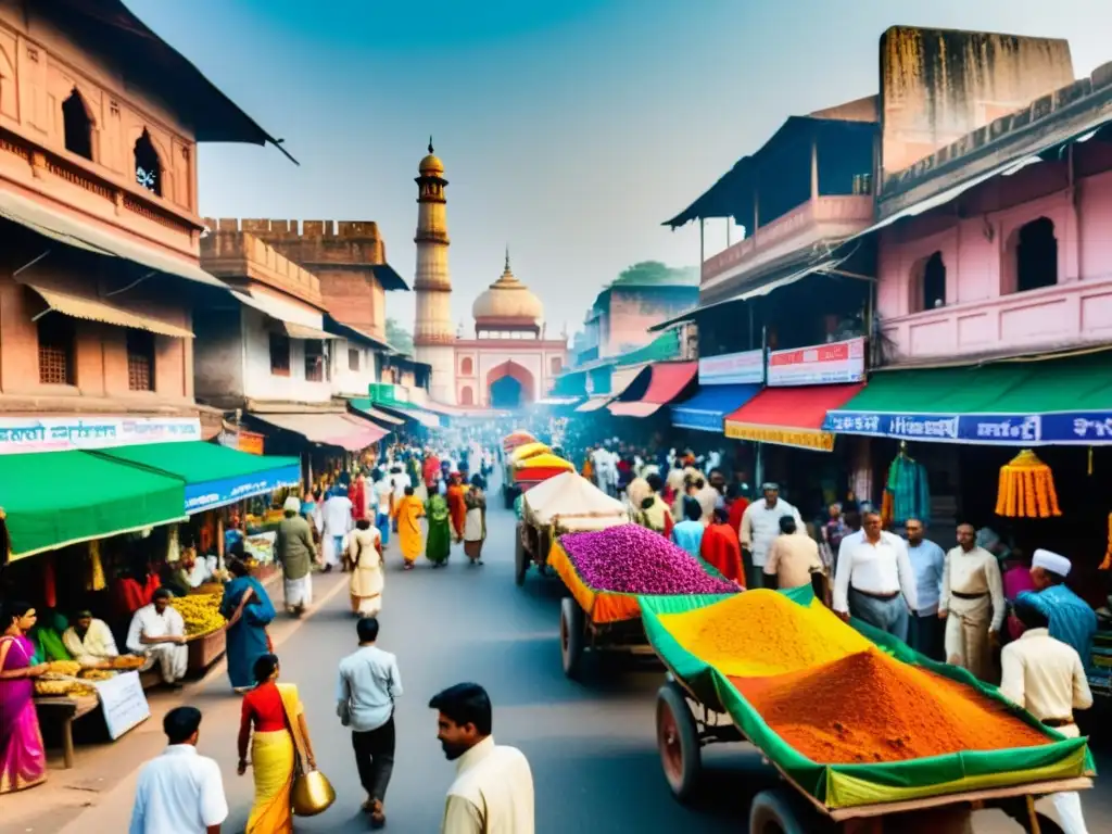 Una bulliciosa calle de la India, llena de coloridos trajes tradicionales, vendedores de arte religioso y actividades culturales