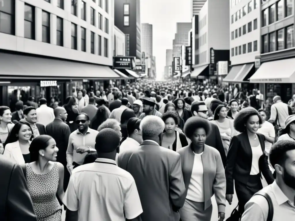 Una bulliciosa calle urbana en blanco y negro muestra la diversidad y energía de la vida diaria, reflejando los desafíos de la libertad filosófica