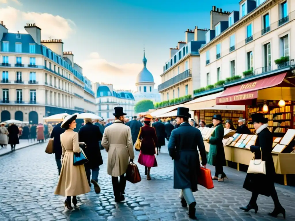 Una bulliciosa escena de calle parisina durante La Ilustración, con la icónica arquitectura de la ciudad al fondo y personas vistiendo trajes de la época, disfrutando de animadas discusiones y explorando libros en puestos al aire libre