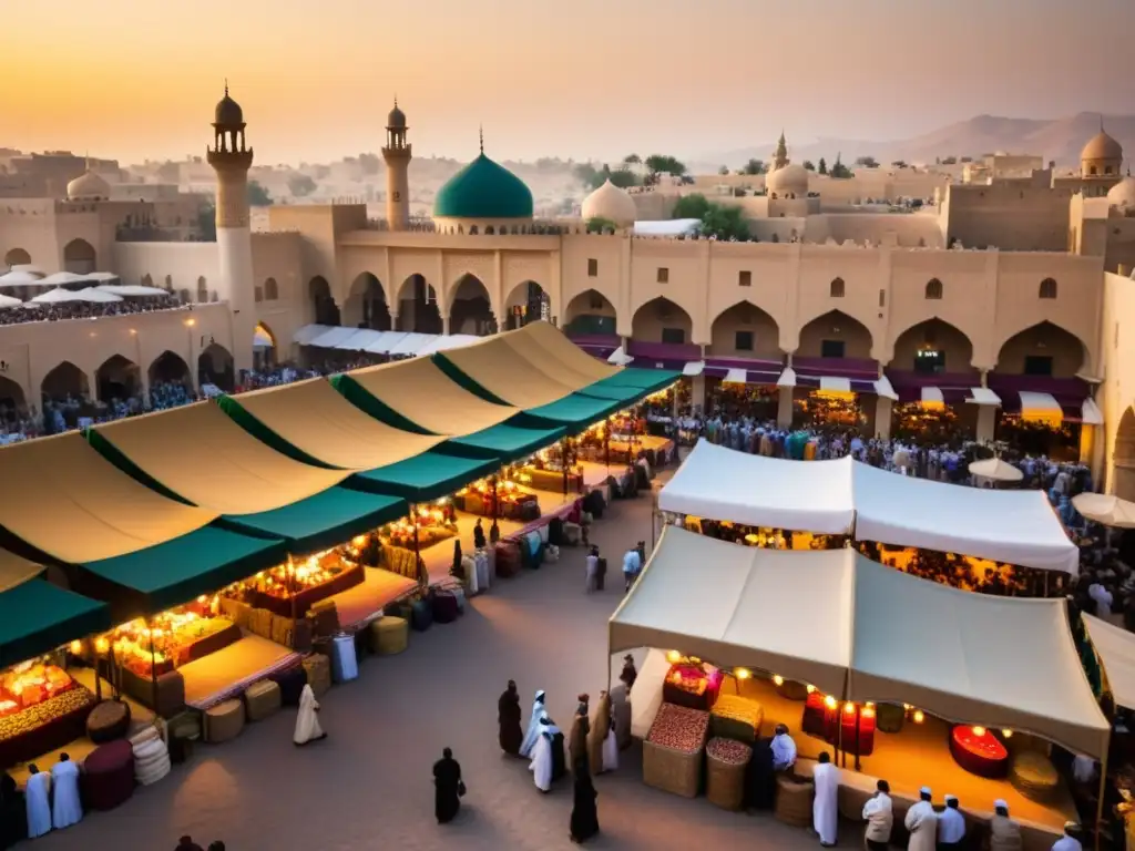 Un bullicioso mercado en una ciudad del Medio Oriente, con comerciantes intercambiando bienes bajo coloridos toldos, mientras la luz dorada del sol poniente baña la escena en un cálido y acogedor resplandor