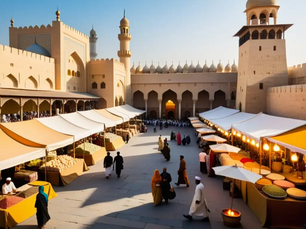 Un bullicioso mercado en una ciudad islámica histórica, donde los comerciantes y clientes comercian bajo la mirada atenta de una gran mezquita