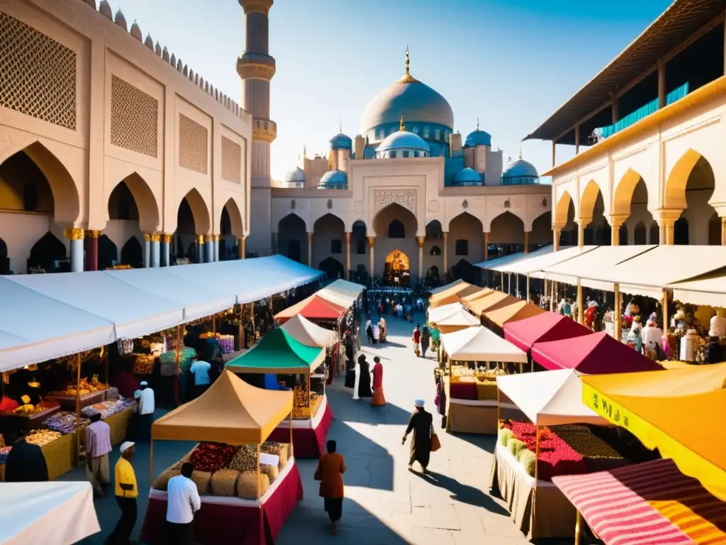 Un bullicioso mercado de una ciudad moderna donde se aplican los principios islámicos en la economía