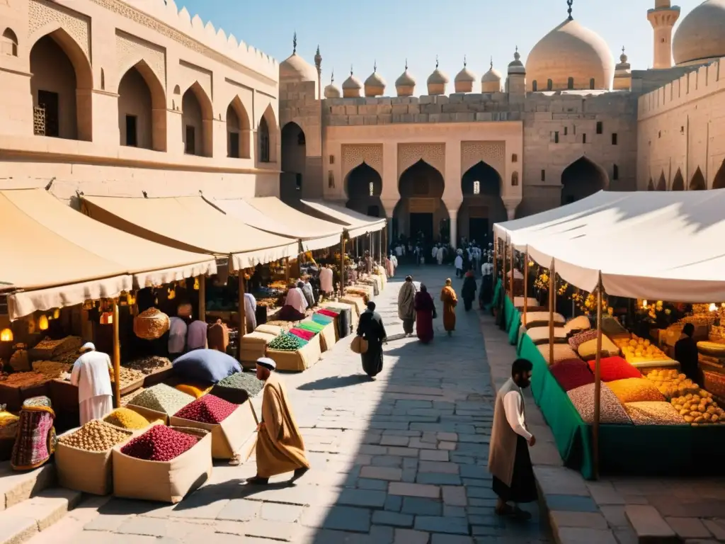 Un bullicioso mercado en una ciudad del Medio Oriente, donde se venden textiles coloridos y especias