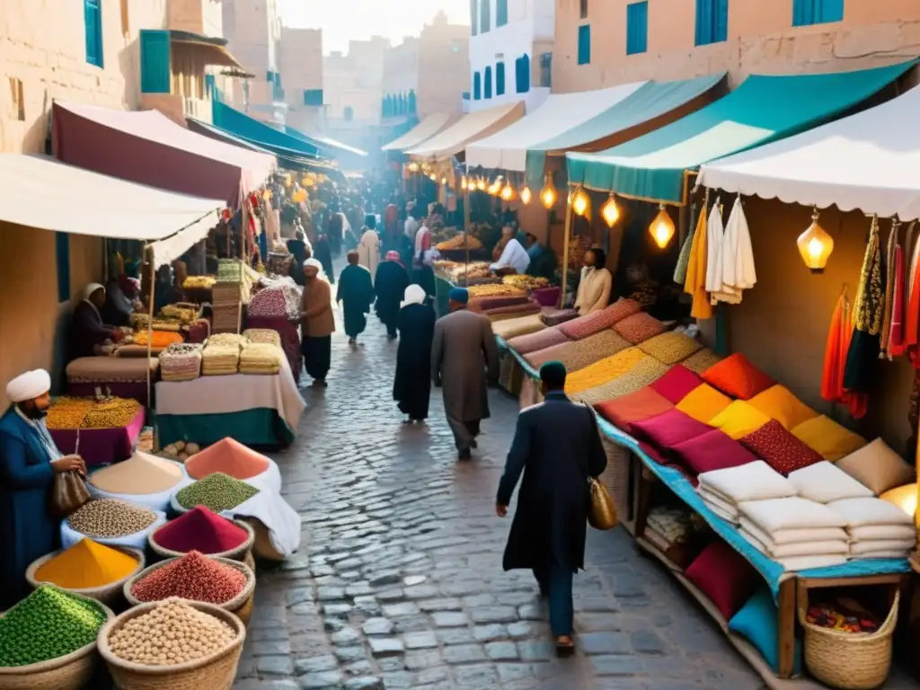 Un bullicioso mercado en el corazón de una vibrante ciudad del norte de África, donde se entrelazan la filosofía y la religión en la vida cotidiana