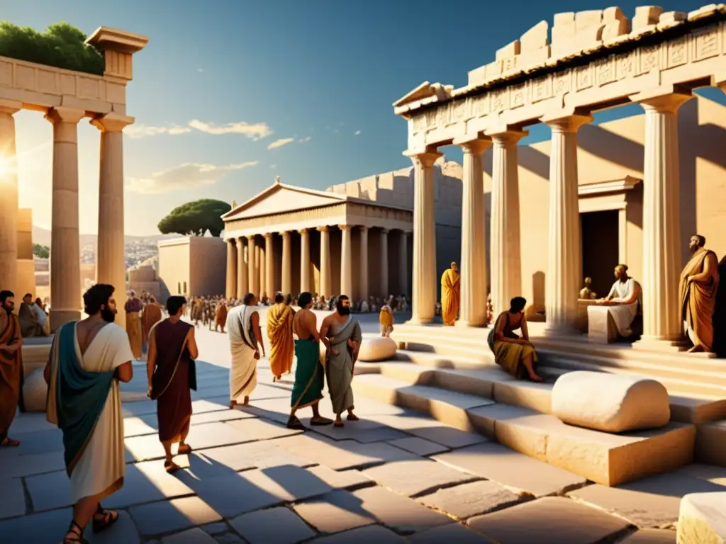 Un bullicioso mercado griego antiguo, con filósofos discutiendo