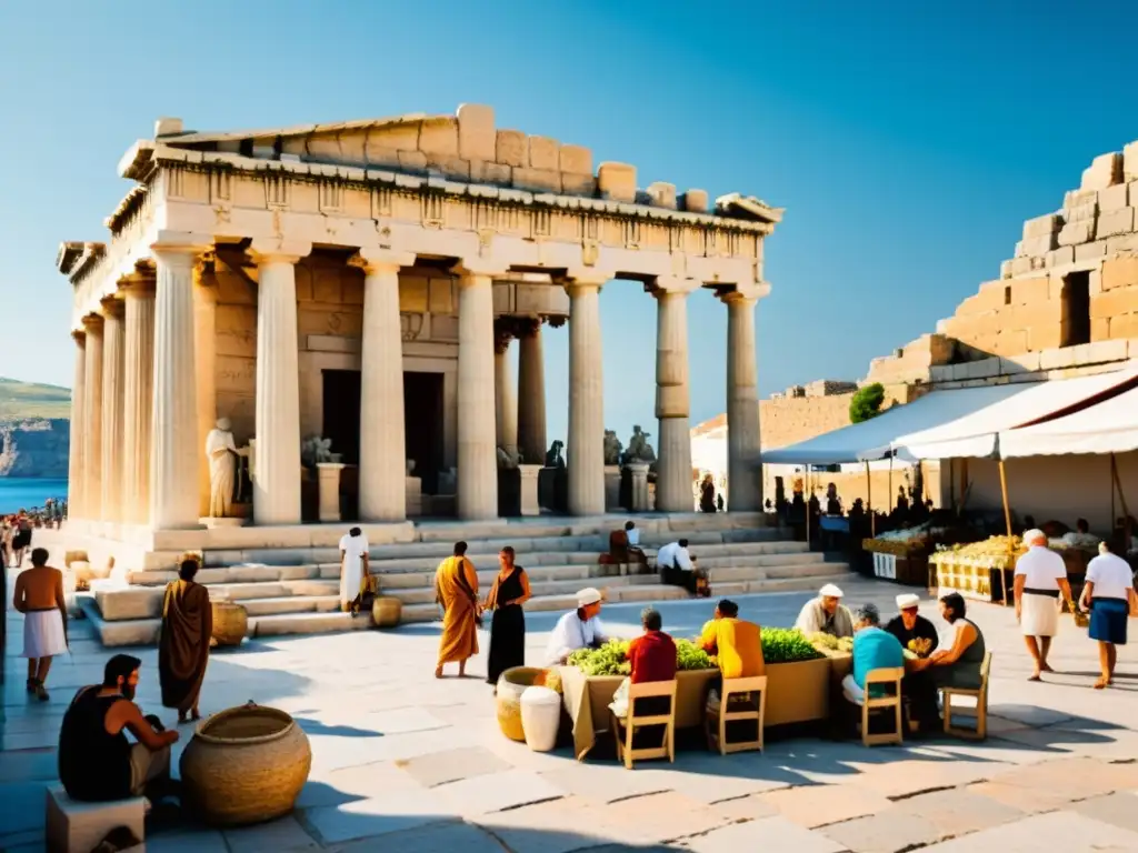 El bullicioso mercado griego de Aristóteles, con ciudadanos y comerciantes entre columnas y estatuas, capta la esencia de la economía en la Polis