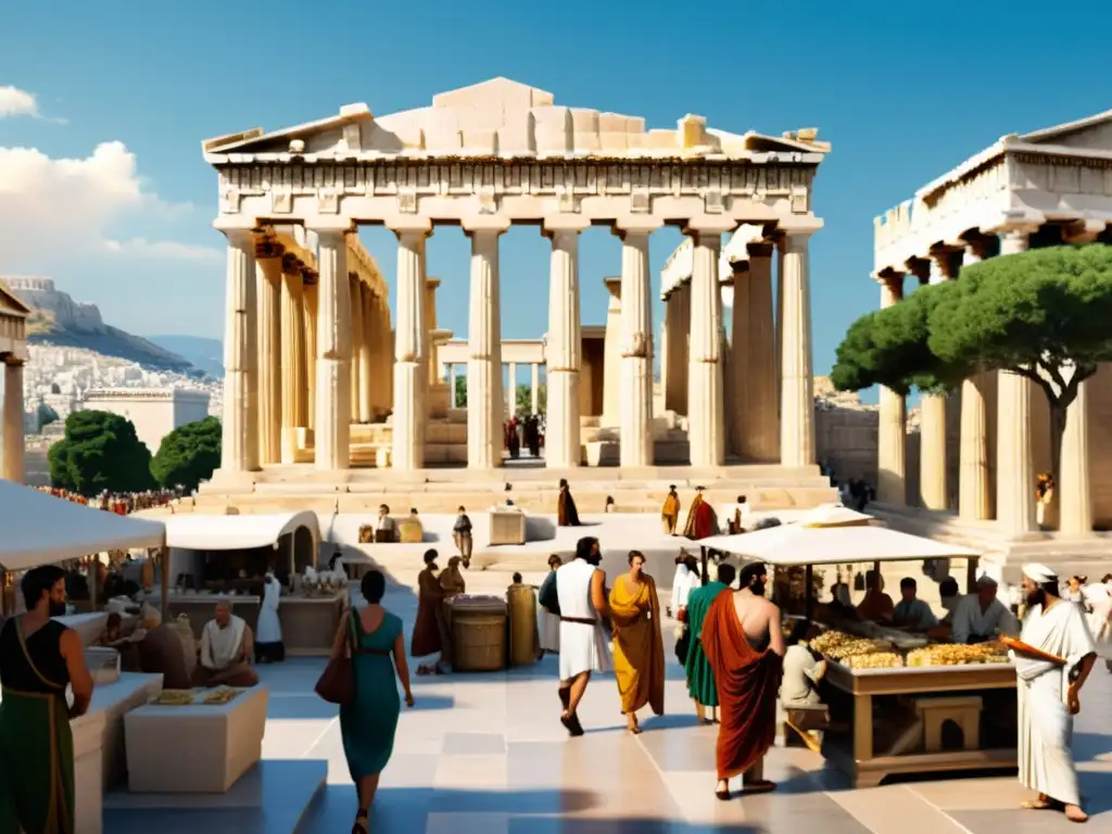 Un bullicioso mercado griego con filósofos debatiendo