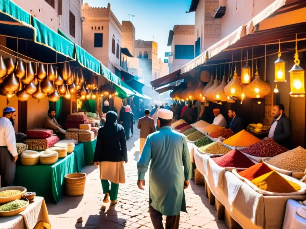Un bullicioso mercado en el Magreb, con vendedores de especias vibrantes, textiles coloridos y artesanías tradicionales