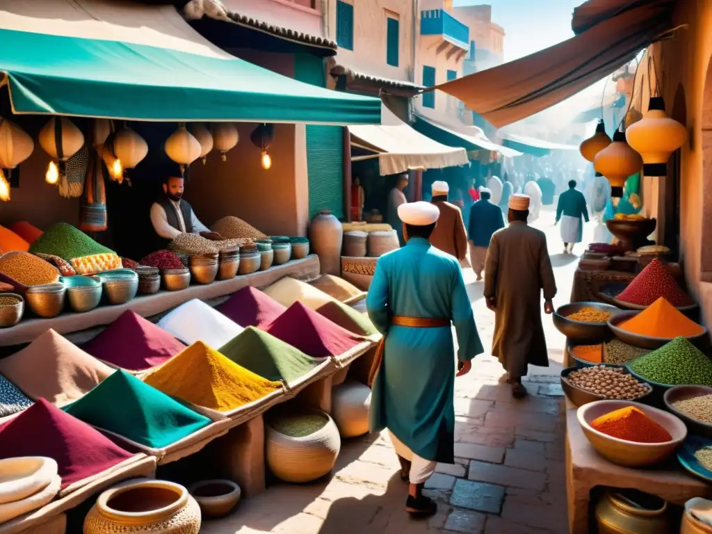 Un bullicioso mercado en el Magreb, con vendedores ofreciendo textiles, especias y cerámica