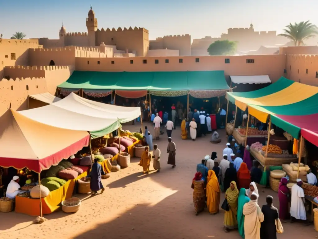 Un bullicioso mercado del norte de África con intercambio filosófico, textiles vibrantes y especias bajo coloridos toldos