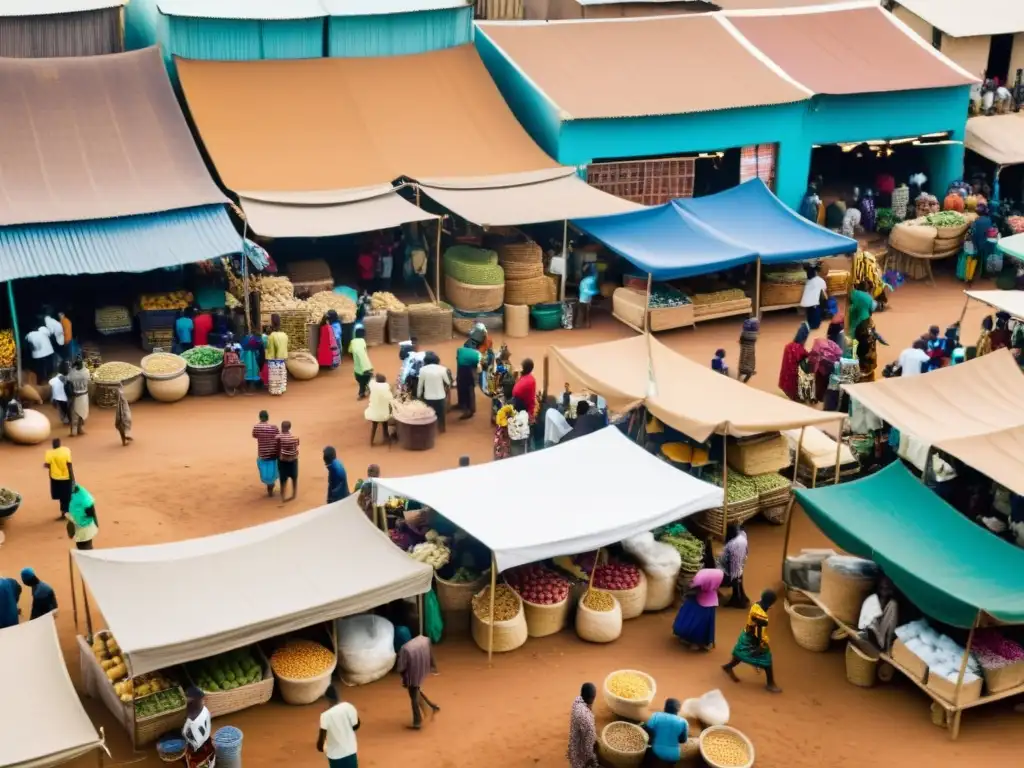 Un bullicioso mercado subsahariano con personas trabajando en diversas actividades