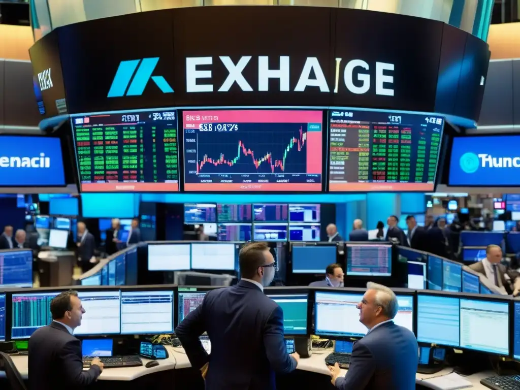 Caos y emoción en la Bolsa de Valores Un bullicioso piso de bolsa con traders interactuando y tomando decisiones, reflejando la influencia de la psicología en decisiones de inversión