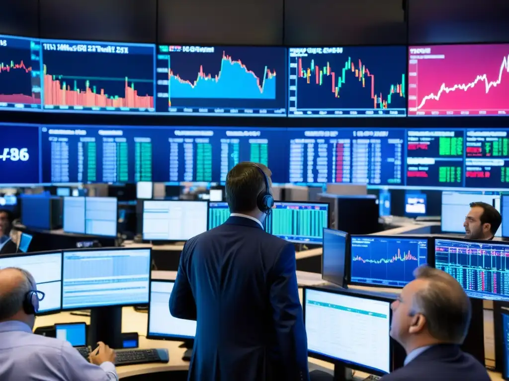 Un bullicioso piso de trading, con traders gestuales y pantallas mostrando datos financieros